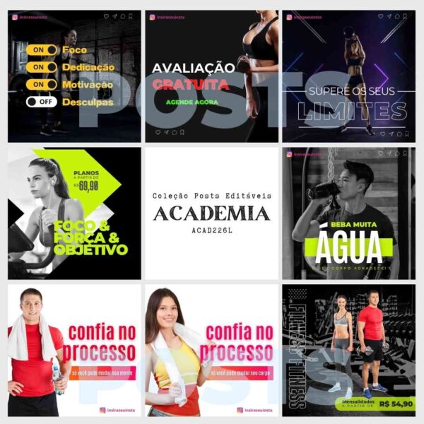 Pack de mais de 40 posts e stories editáveis para academias, com acesso vitalício e conteúdo premium.