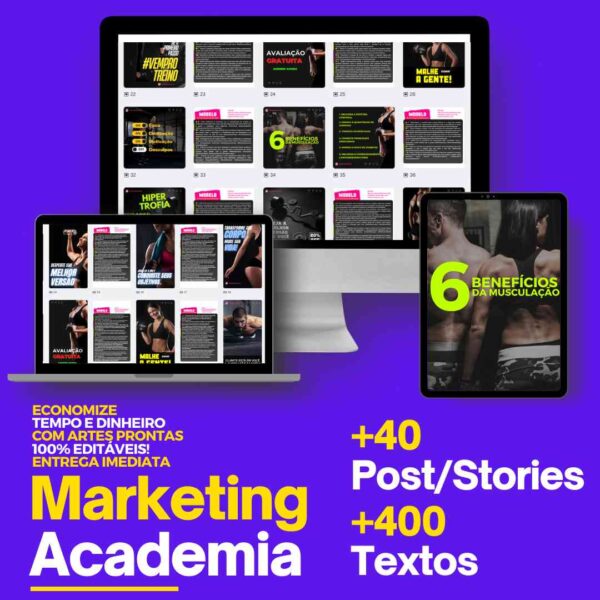 Pack de mais de 40 posts e stories editáveis para academias, com acesso vitalício e conteúdo premium.