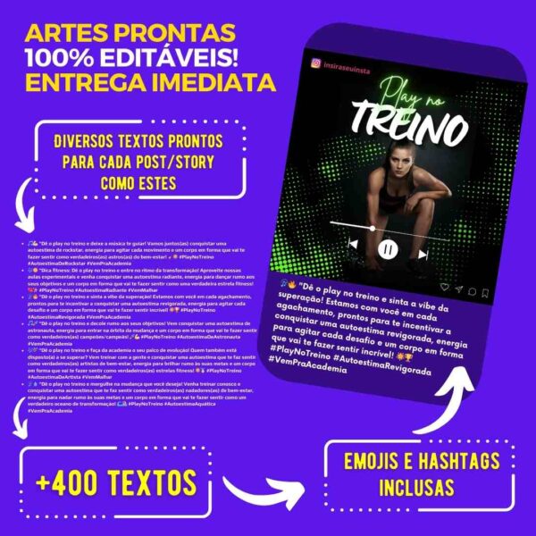 Posts editáveis com emojis e hashtags para academias e profissionais de fitness