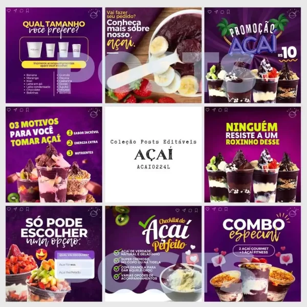 Posts prontos para negócios de açaí com foco em marketing digital.