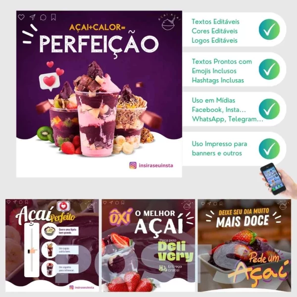 Posts editáveis para negócios de açaí, com foco em marketing estratégico.