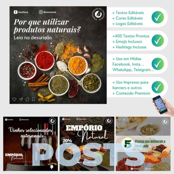 Post editável para redes sociais de empório natural, ideal para engajar o público com alimentos saudáveis.