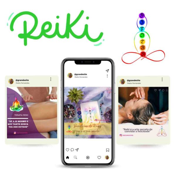 Pacote de posts e stories editáveis para Reiki com +400 textos estratégicos.