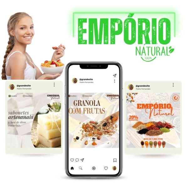 Posts e stories para empório natural com design editável, ideal para destacar produtos saudáveis e atrair clientes online.