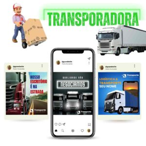 Template premium para marketing digital de transportadoras com design profissional, emojis e 400 textos otimizados para engajamento.