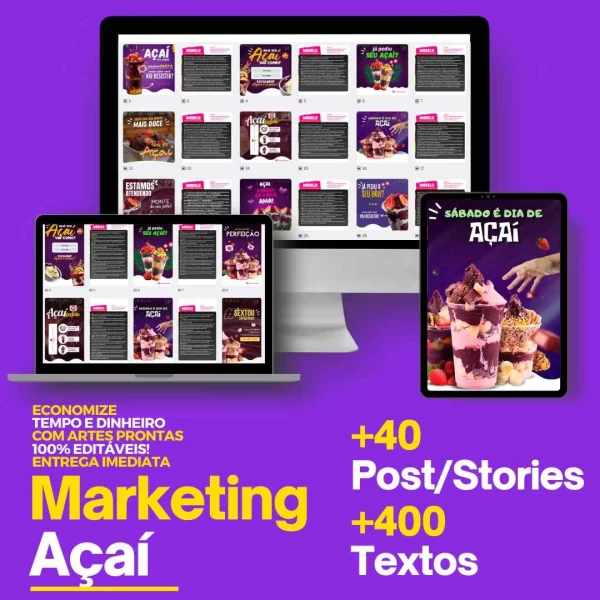 Estratégias para redes sociais de negócios de açaí, com posts e stories editáveis.