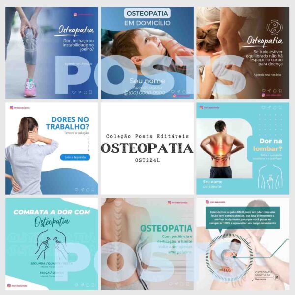 Pacote de posts para osteopatia focado em redes sociais.