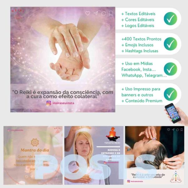 Soluções de marketing para Reiki com posts e textos editáveis.