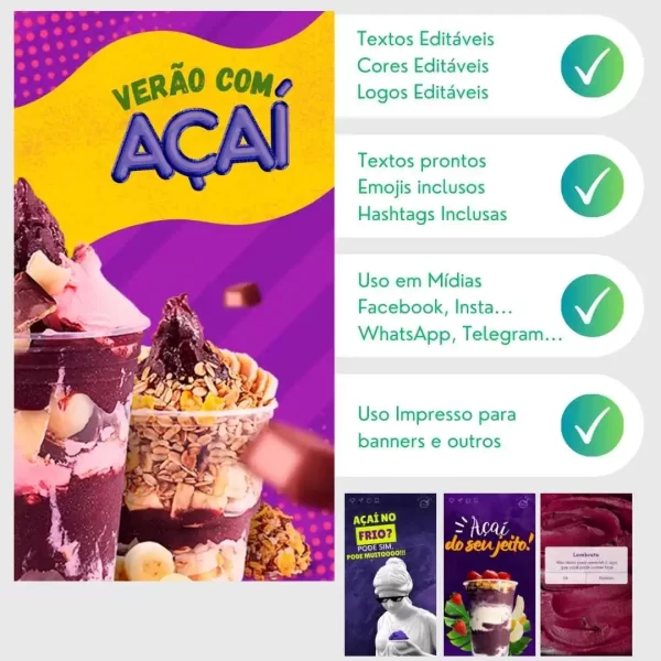 Stories para engajar clientes e aumentar vendas de açaí nas redes sociais.