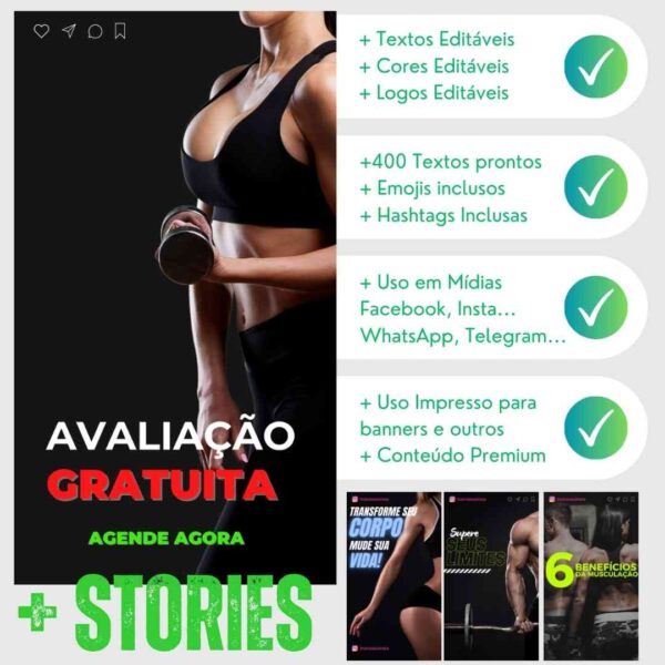 Stories e posts prontos para academias com design personalizável e textos estratégicos.