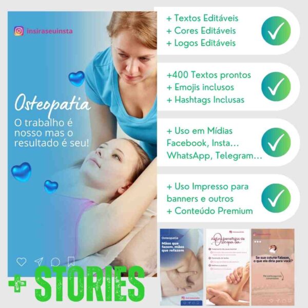 Stories prontos para divulgar clínicas e serviços de osteopatia.