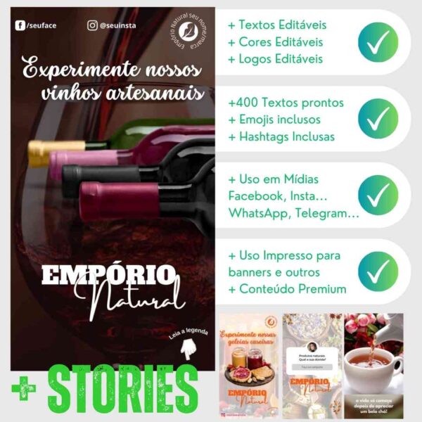 Templates editáveis para empórios naturais, ideais para redes sociais e marketing digital.