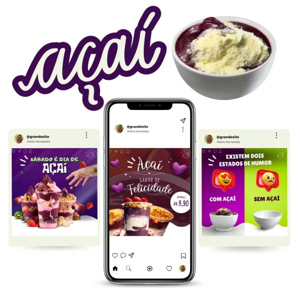 Posts e Stories para Açaí para redes sociais focados em vendas de açaí, personalizados e editáveis.