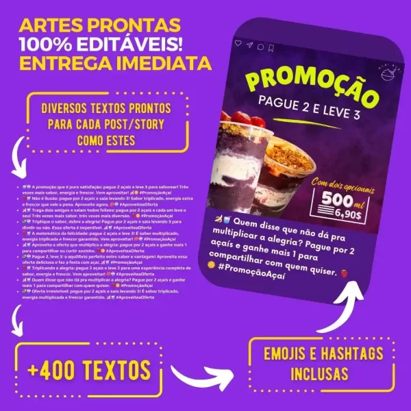 Textos otimizados para redes sociais sobre negócios de açaí.