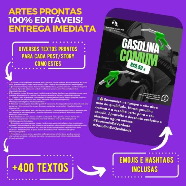 Textos editáveis prontos para redes sociais de postos de combustíveis.