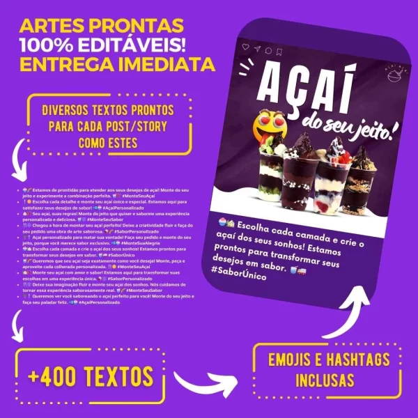 Textos prontos com emojis e hashtags para postagens sobre açaí nas redes sociais.