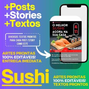 Aumente o engajamento do seu restaurante de sushi com nossos posts editáveis, completos com texto pronto e emojis. Com mais de 400 opções, você tem tudo o que precisa para atrair mais clientes.